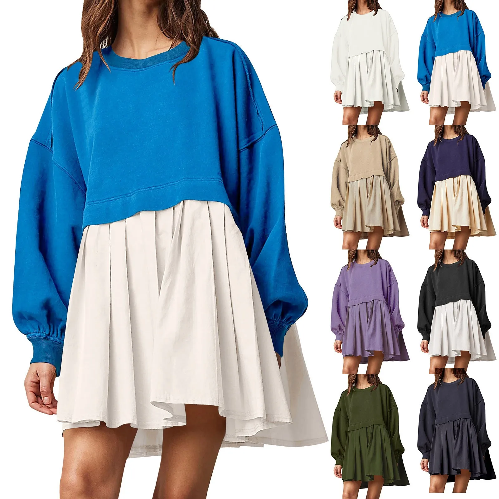 Womens Oversized Sweatshirt Dress Y2k Patchwork Crewneck Pullover Tops Relaxed Fit Sweatshirts Mini Summer Long Dress Hoodies