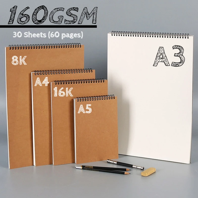 

A3/A4/8K/A5/16K Kraft Paper Sketchbook 160GSM HardCover Spiral Art Notebook Blank Sheets Pencil Drawing Notepad School Supplies