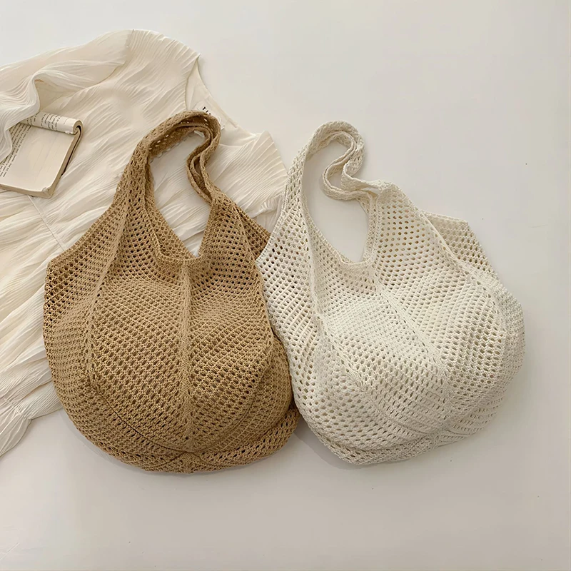 Women Crochet Tote Bag Fashion Hollow Out Knitted Bag Large Capacity Handbag Female Summer Beach Solid Color Woven Shoulder Bag