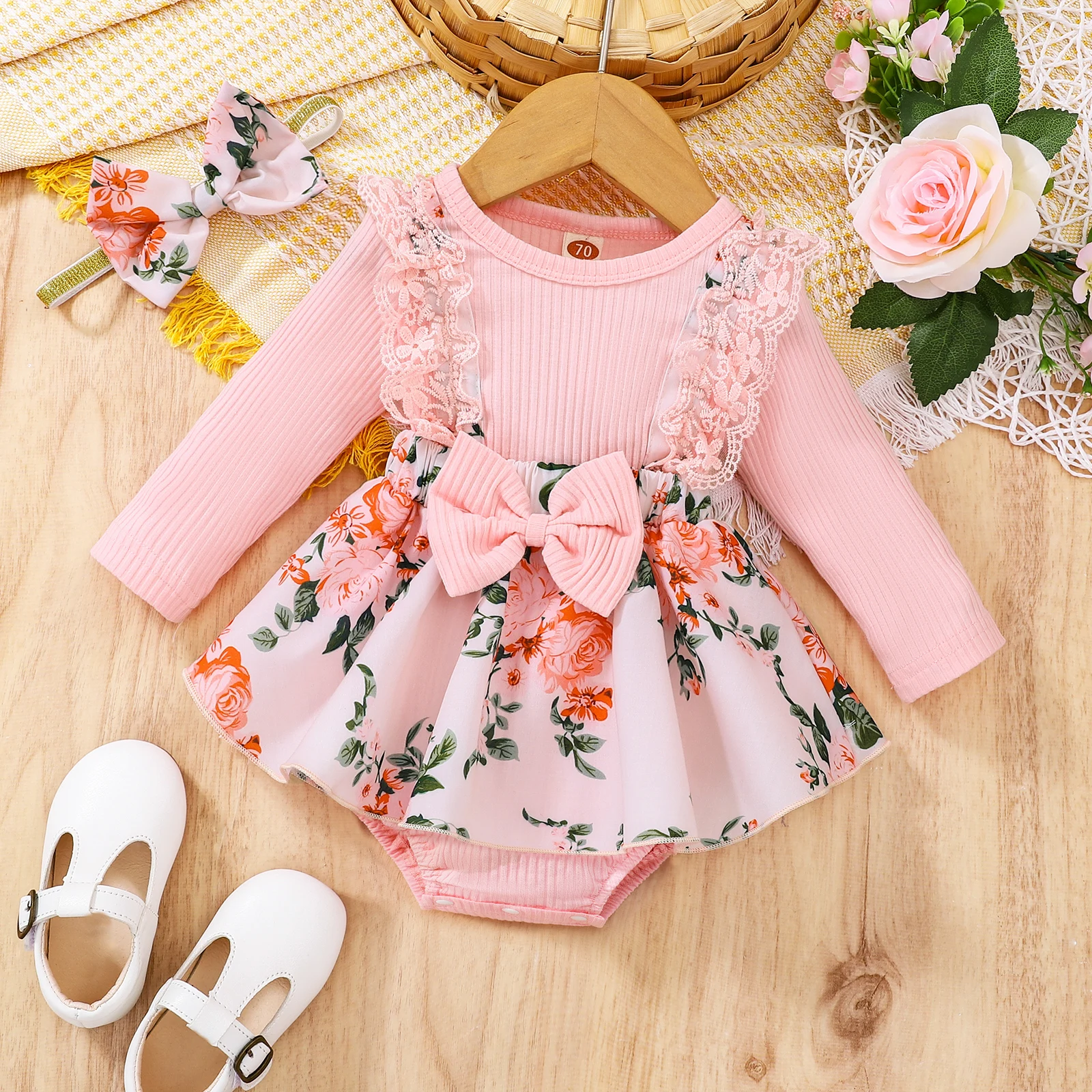 

0-18M Newborn Infant Baby Girl Romper Long Sleeve Bow Lace Floral Jumpsuit Playsuit Autumn Spring Outfits