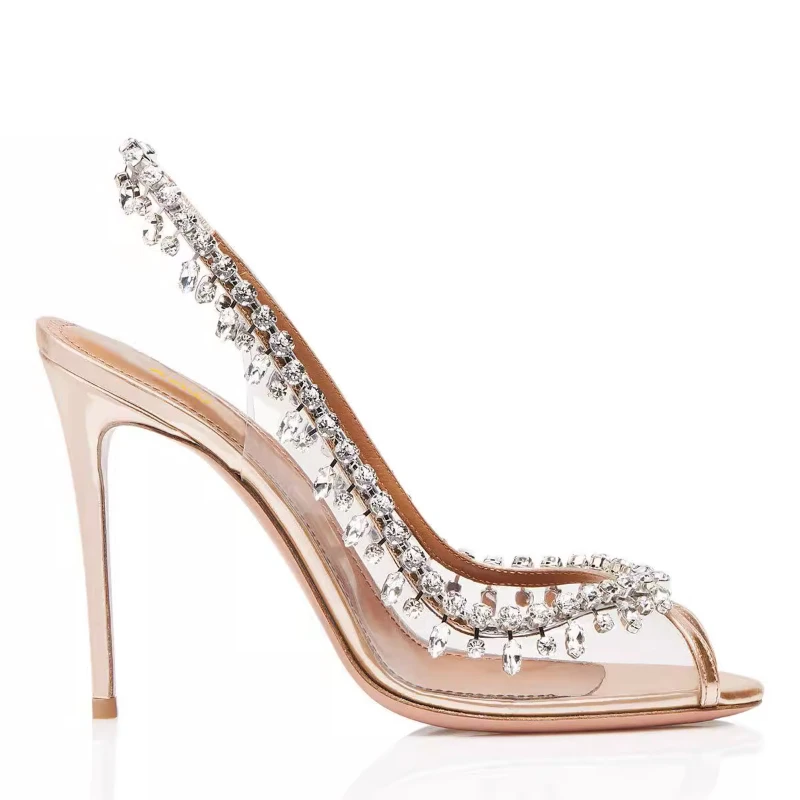 Women's Sandals 2024 Spring/Summer New Banquet High Heel Crystal Rhinestone Chain Open Toe Fish Mouth Shallow Mouth Shoes