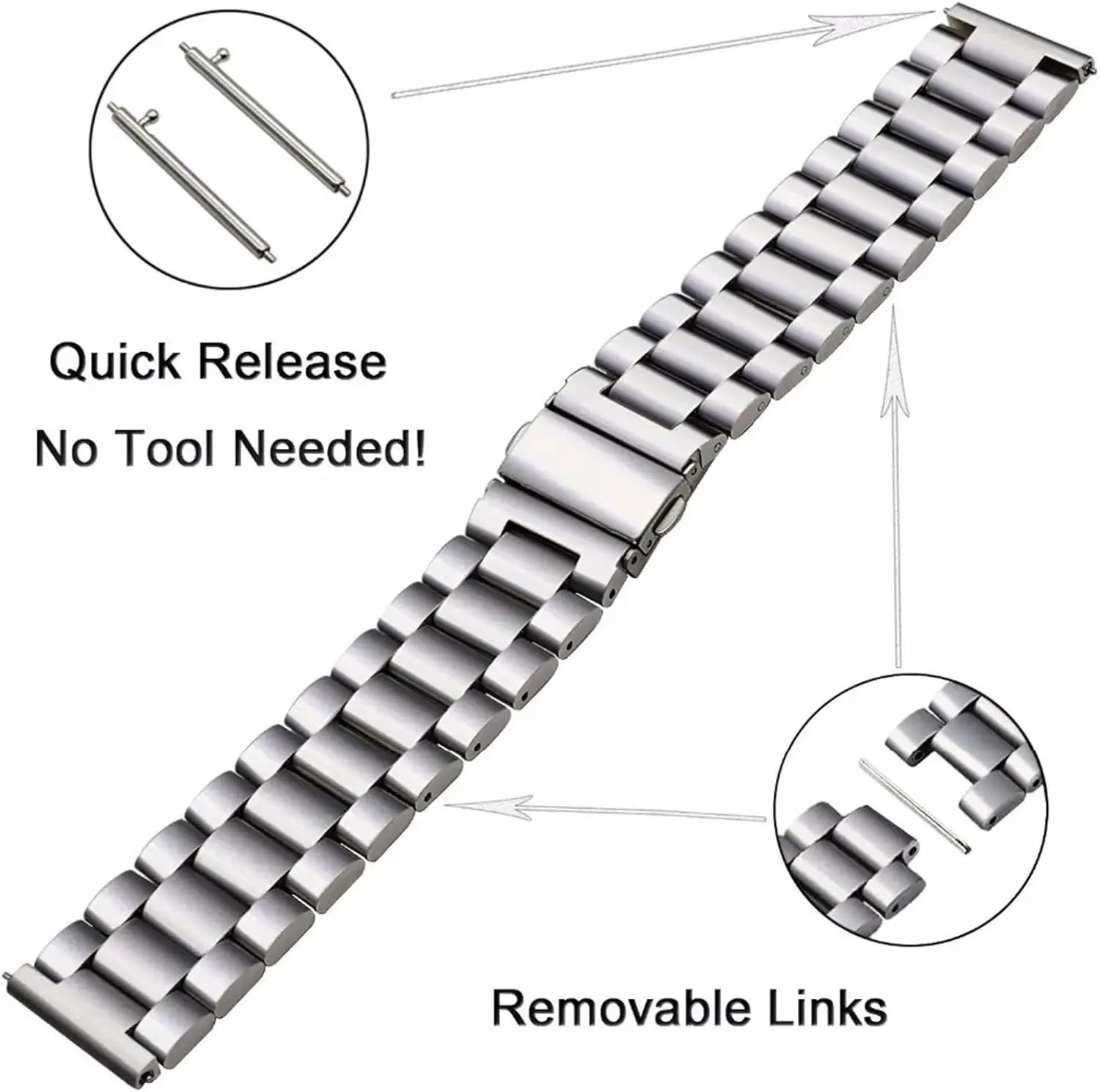 Classic Three-Bead Stainless Steel Sports Strap, 20mm/22mm