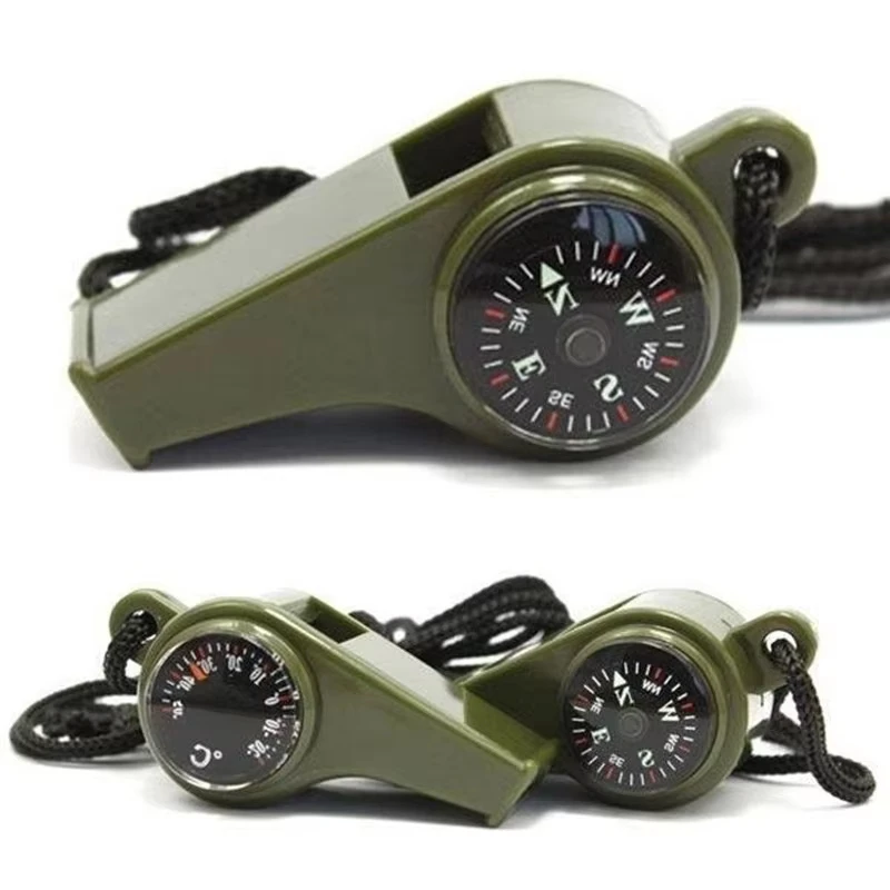 3 in1 Camping Hiking Emergency Survival Gear Whistle Compass Thermometer Outdoor Need ArmyGreen Color Rope survival whistle survival tool