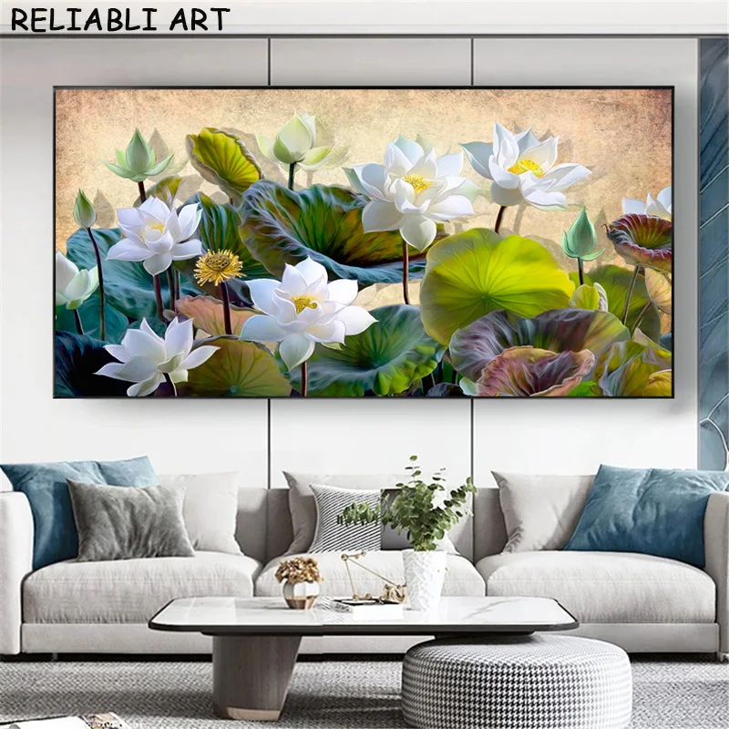 Hot Selling High Quality Golden White Lotus 3 Panels Wall Art