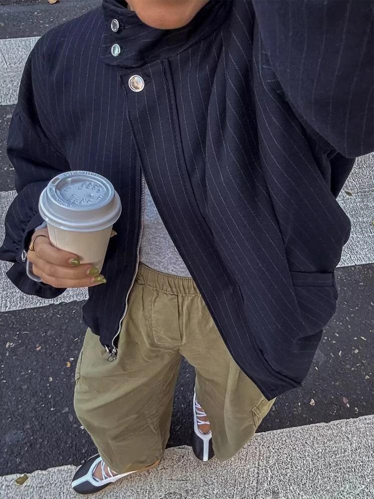 Women Pinstripe Bomber Jacket 2026 Spring Long Sleeve Stand Collar Women's Coat Zipper Loose Female Casual New Outerwear