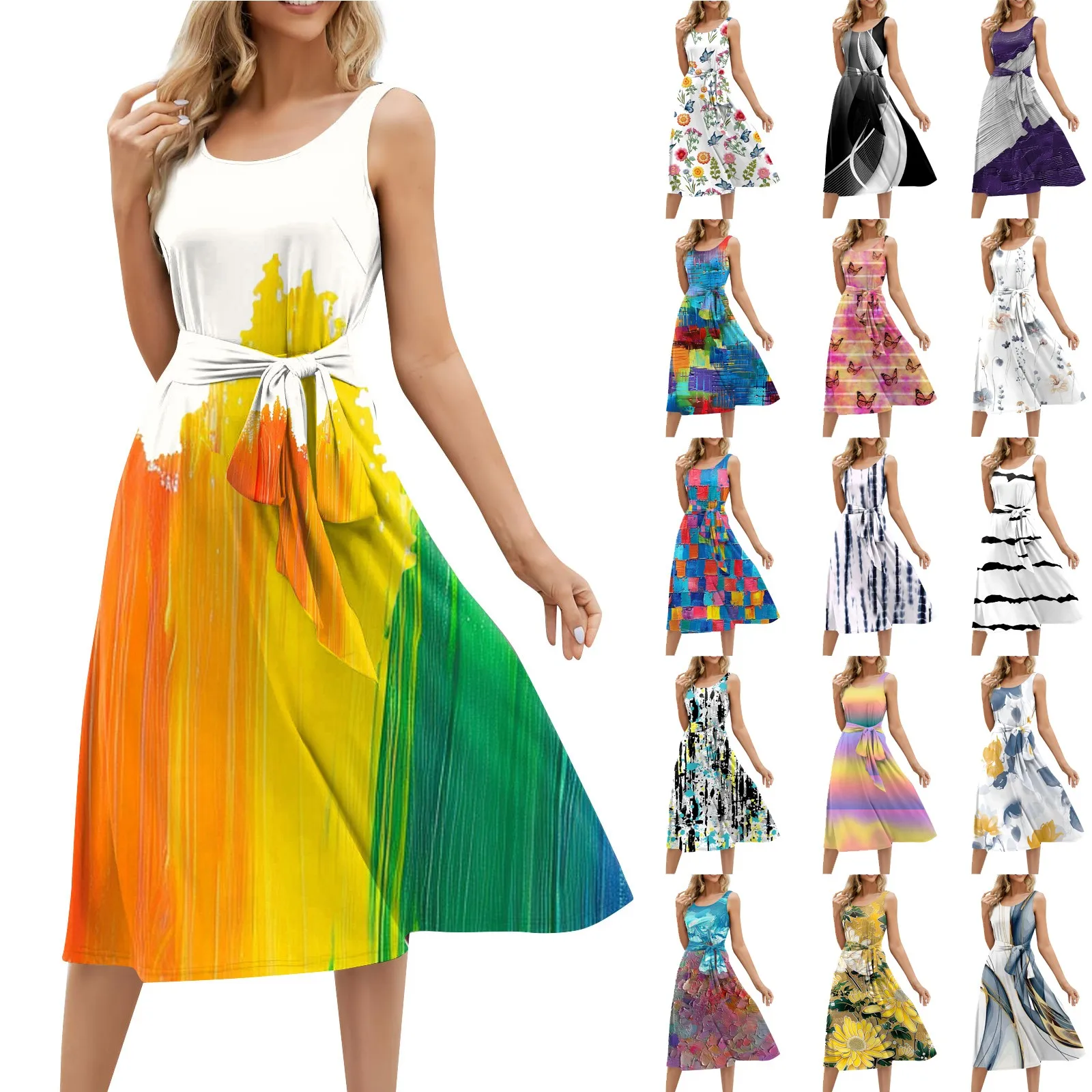 

Summer Dresses For Women Beach Loose Round Neck Sleeveless Midi A-Line Swing Dress Sundresses With Pockets vestido feminino