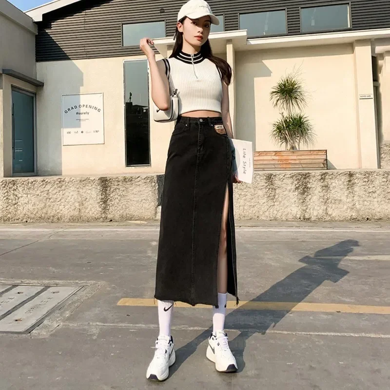 Jeans Skirt Women Denim Long Skirts Summer 2025 Vintage Maxi Skirts Side Split Denim Skirt Women Long Korean Midi Skirt Y2k