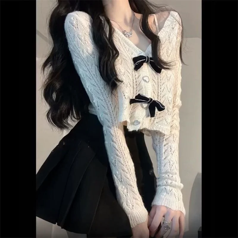 

2023 Autumn Vintage Knitted Suits Women Casual Long Sleeve Y2k Crop Tops Blouse + Black Mini Skrit 2 Piece Dress Set Office Lady