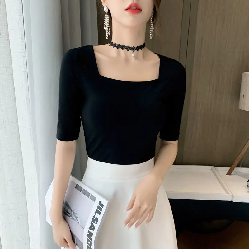 Women\'s Black Elegant Square Neck Short Sleeve T Shirt 2021 Summer Vintage Solid Color Tees Casual Streetwear Tshirt Tops