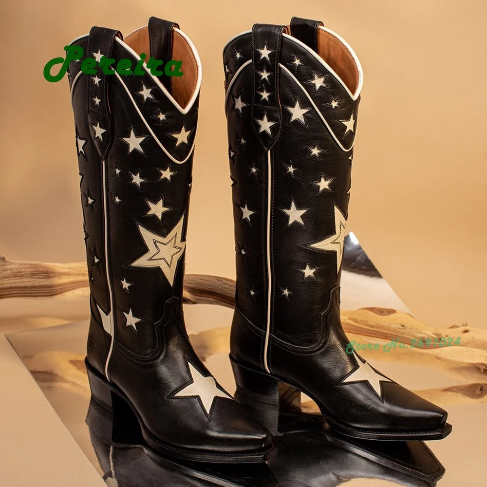 

Cowboy Boots For Women 2023 Vintage Stars Stripe Women's Shoes Cowgirls Retro Street Dress Boots Chunky Heels Slip On Boots Men