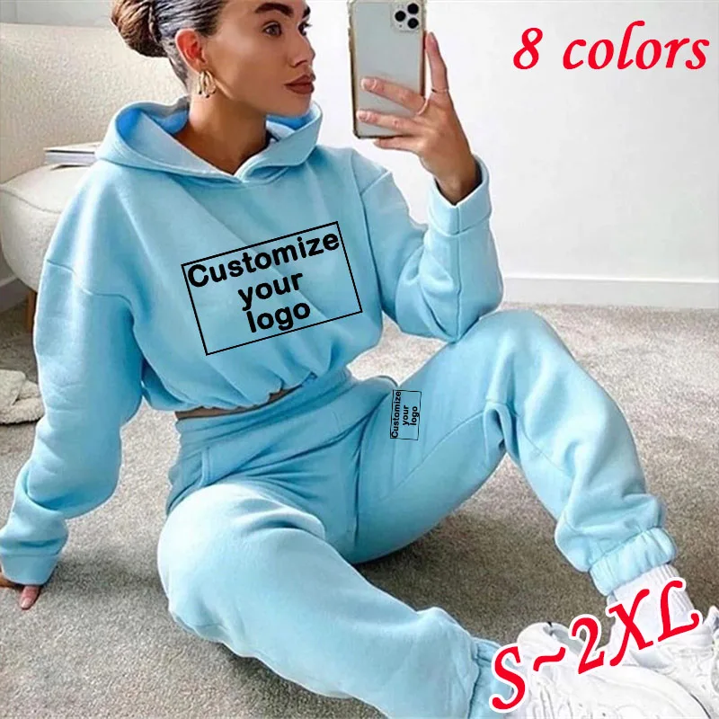 New Women's Customized Your Logo Sportswear Large Open Navel Hoodie and Long Pants Casual Sportswear 2-Piece Set for Jogging yes open your eyes 1 cd