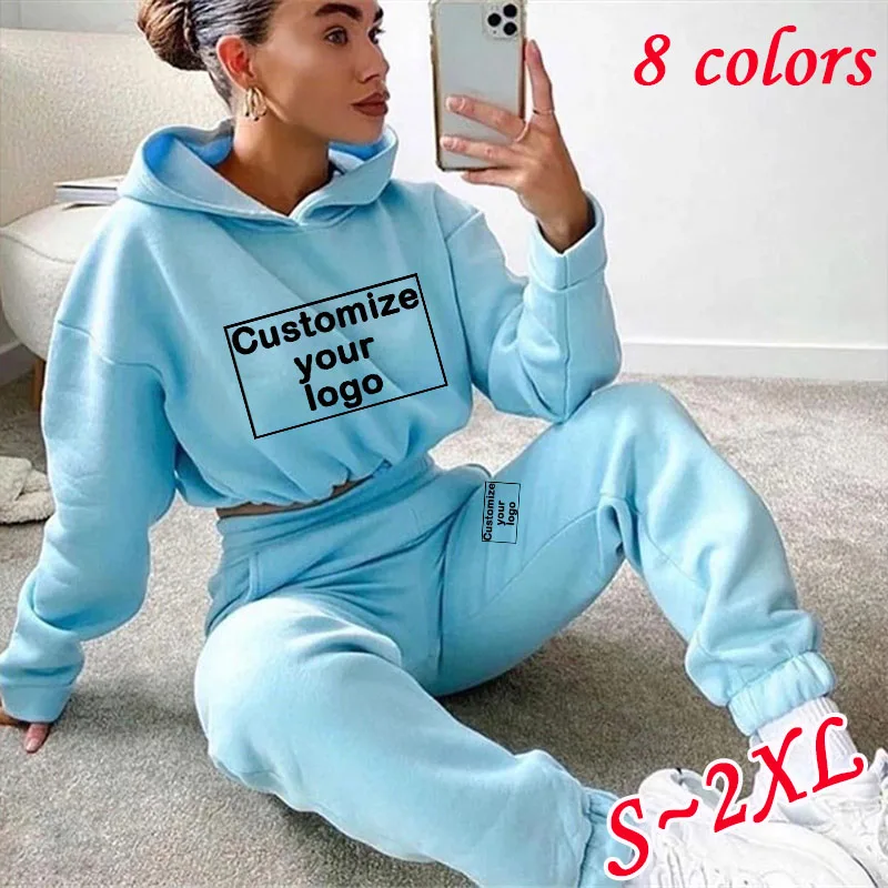 

New Women's Customized Your Logo Sportswear Large Open Navel Hoodie and Long Pants Casual Sportswear 2-Piece Set for Jogging