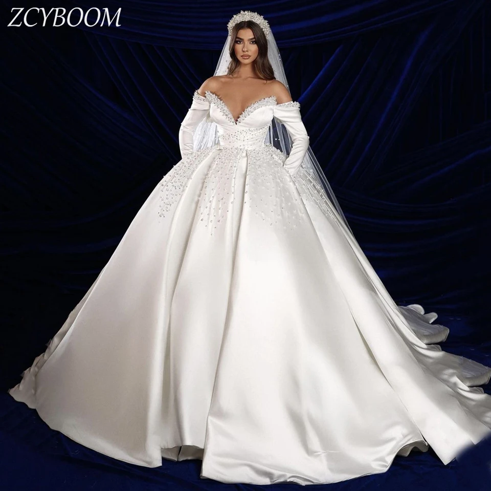 

Luxury V-Neck Pearls Off The Shoulder Long Sleeves White Wedding Dress 2024 Ball Gown Floor Length Sweep Train Bridal Gown