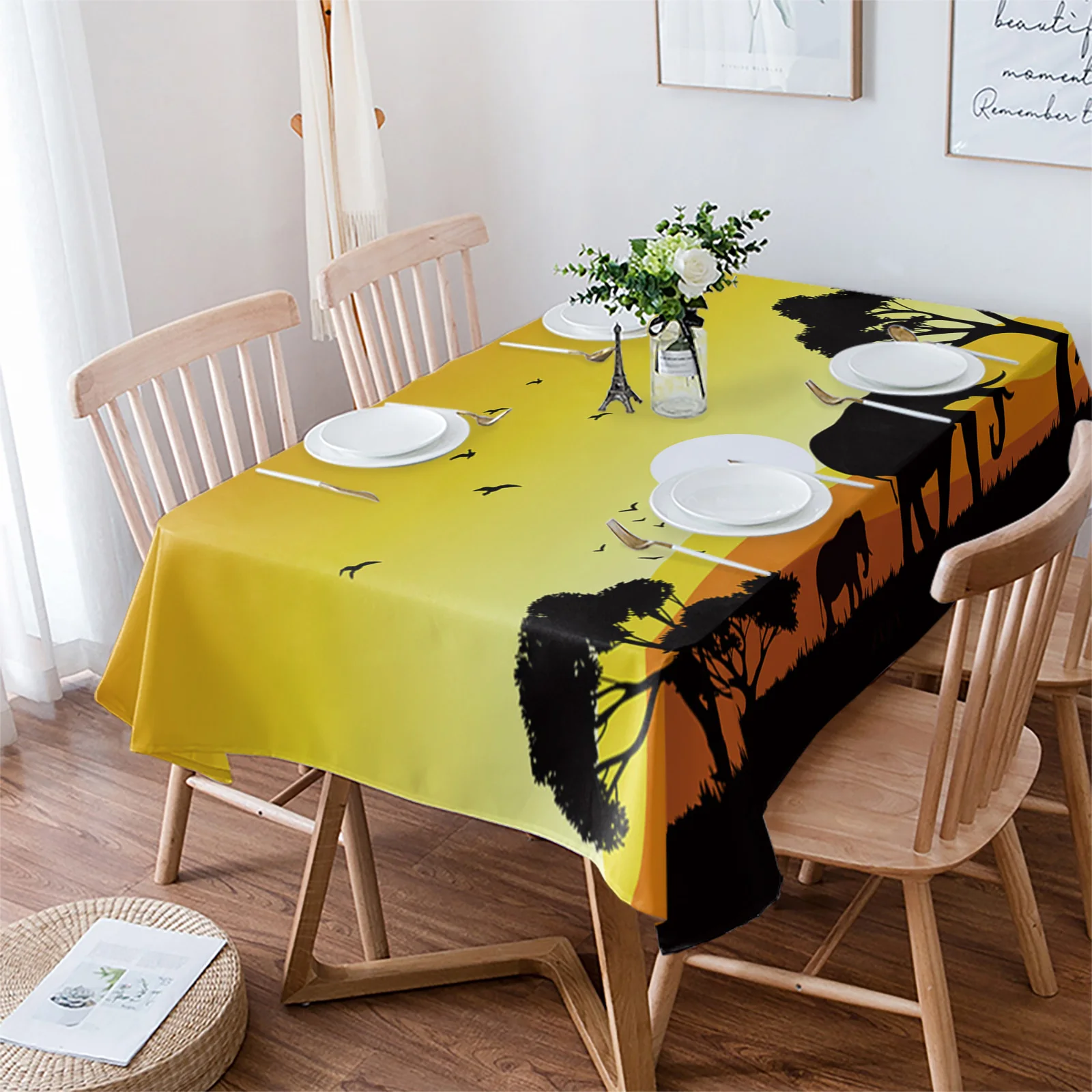 

African Sunset Landscape Animal Elephant Tablecloth Waterproof Dining Table Rectangular Round Tablecloth Home Kitchen Decoration