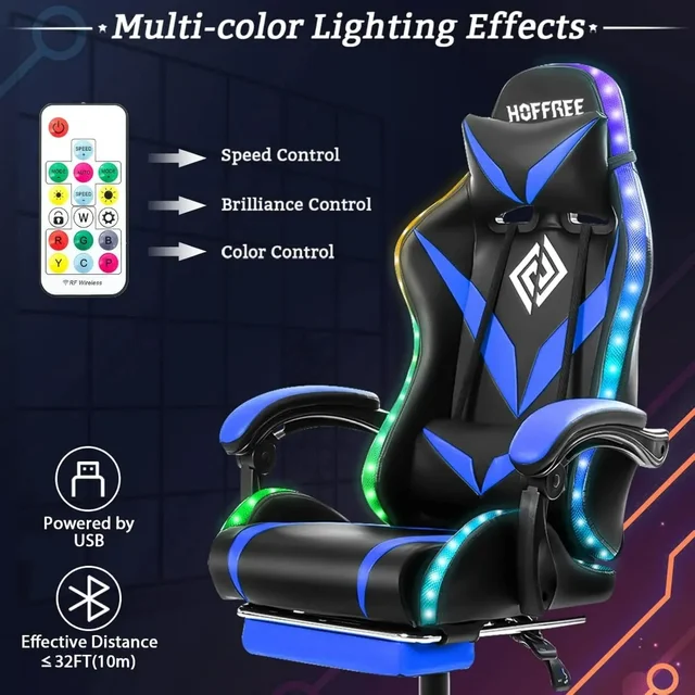 Gaming Chair with Massage and LED Lights Ergonomic Video Game Chairs with Footrest High Back Reclining Computer Chair 3