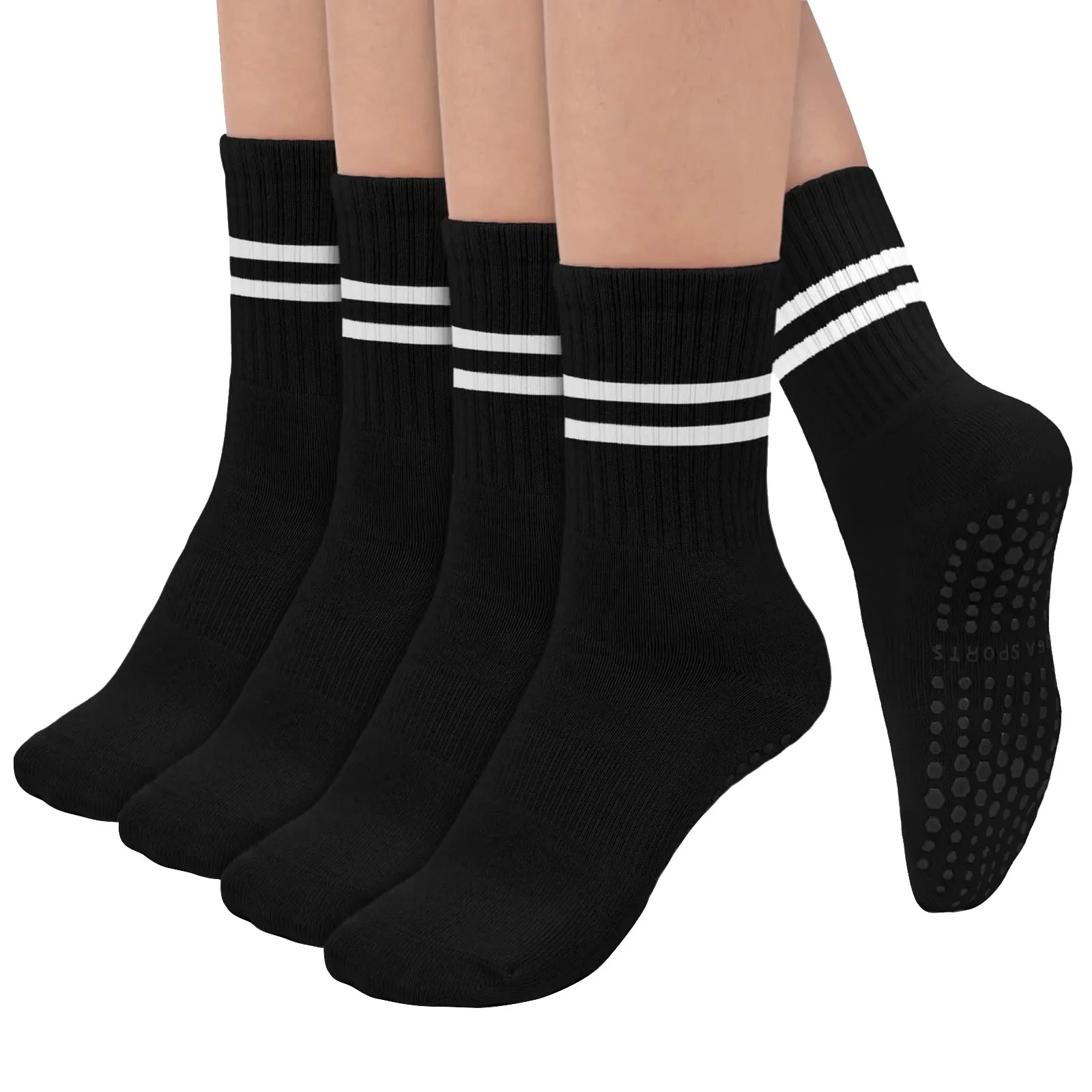 

4ps Women'S Fall And Winter Mid-Calf Striped Yoga Non-Slip Socks Sports Socks Indoor Fitness Yoga Silicone Non-Slip Silent Floor