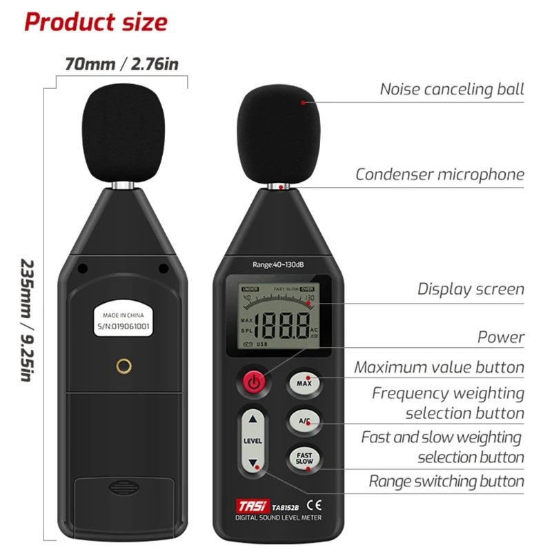 LCD 데시벨 미터 소음 수준 판독기 40-130dB 소음 측정기 데시벨 모니터 테스트
