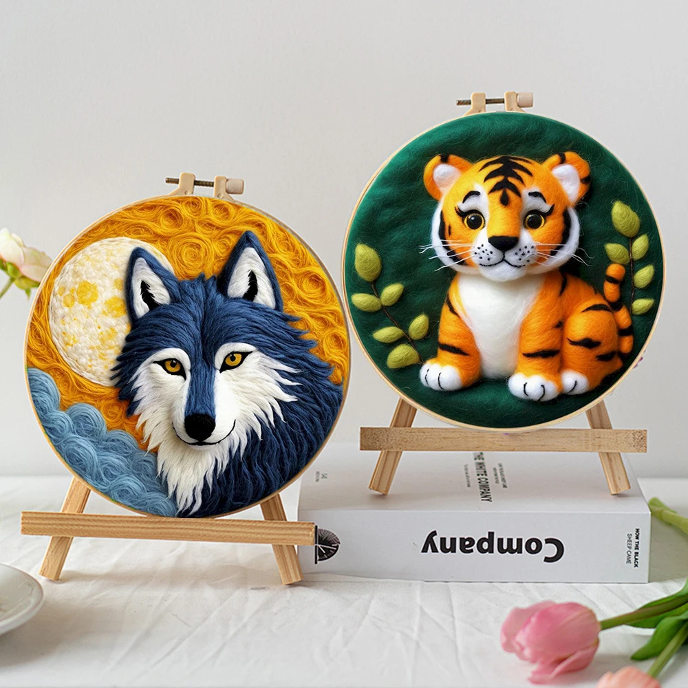 Wool Felting Kit Needle Felt Kit Needle Felting Wool Wool Felting Needles Needle Felting Mat CHENISTORY Wool Felting Package Animal Tiger And Wolf Needle Felting Painting With Frame Kit For Beginner Cat Wool Paint