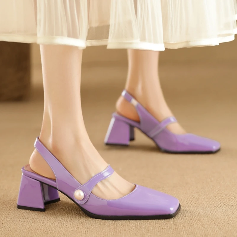 Elegant Slingback Sandals Women Summer Shoes Pink Black Silver Medium Heels Close Toe Office Party Shoes Female Large Size 45