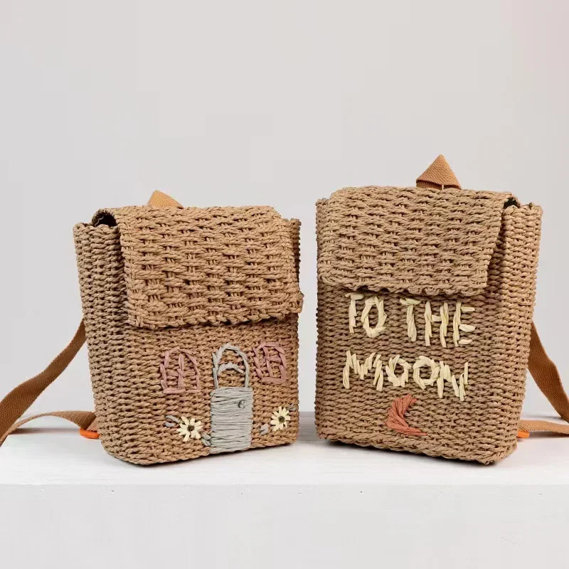 Cute House Shape Straw Backpacks for Little Girls Funny Handmade Woven Back Pack Lovely Summer Beach Bag for Children 2023 Bags 2