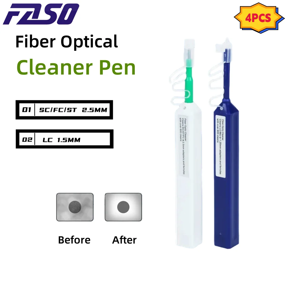 

4Pcs SC/FC/ST Connector Cleaner 2.5mm Optical Fiber Optic Cleaning Pen LC/MC 1.25mm One-Click 800 Times Clean Tool