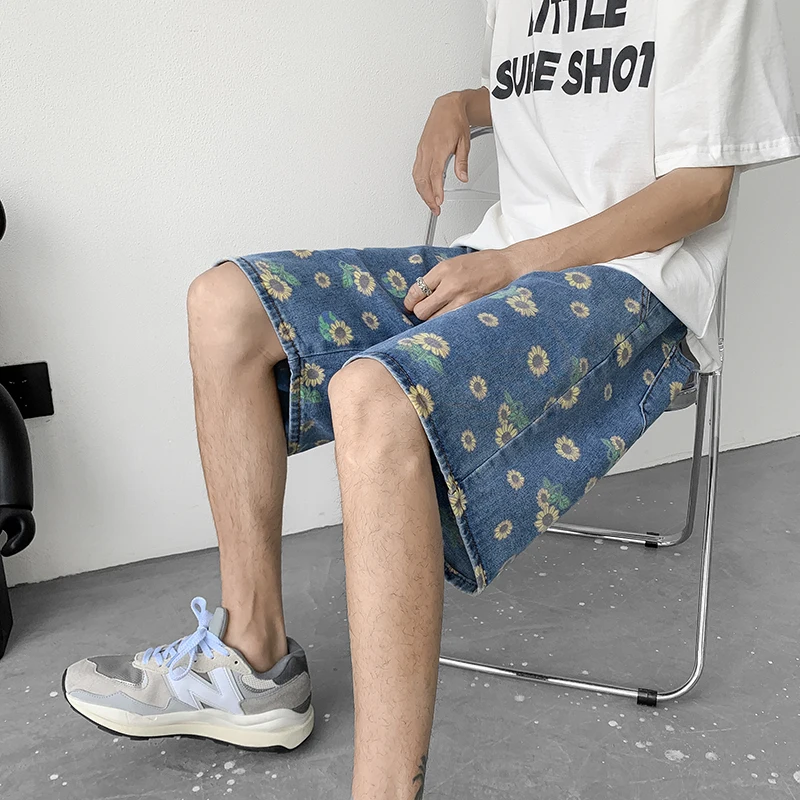 Summer Denim Shorts Men Fashion Drawstring Retro Flower Shorts Men Streetwear Hip-hop Loose Print Denim Shorts Mens Beach Shorts