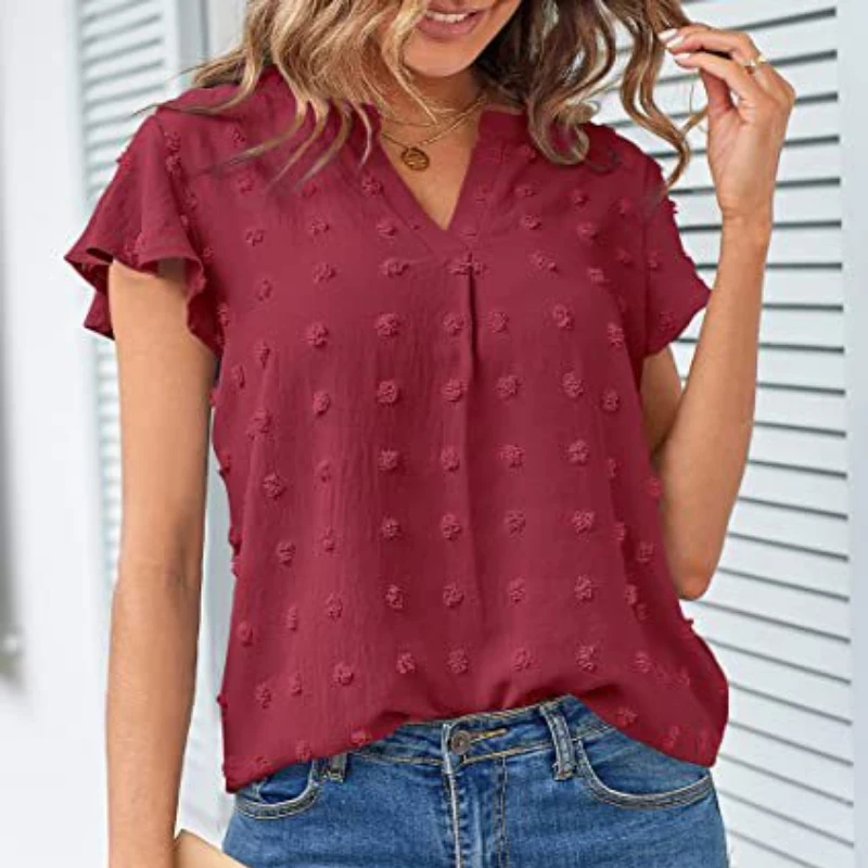 

New Elegant Office Lady Chiffon Blouse Women 2023 Tops Shirts Summer Solid Color Short Sleeve V-neck Clothes Blusas 25836
