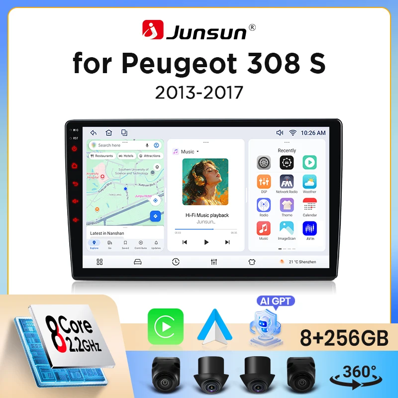 Radio de coche Junsun con CarPlay inalámbrico y Android Auto para Peugeot 308 / 308 SW Mk2 (T9) / 408 2013-2017, con ventilador de refrigeración integrado, GPS Android, reproductor multimedia, WiFi, DSP, RDS, BT, SWC, pantalla táctil IPS, autoradio, reproductor de video, unidad principal estéreo. 1