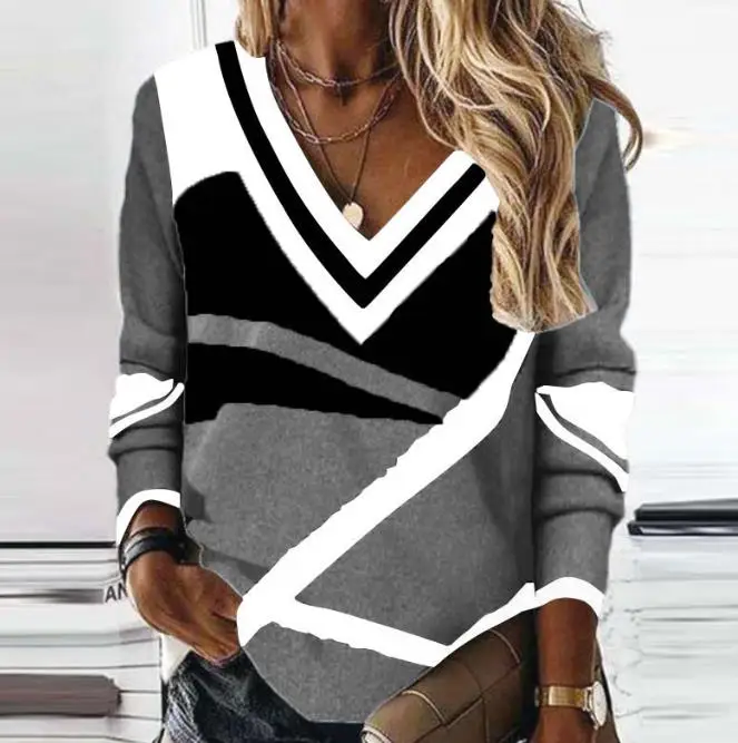 V-Neck Contrasting Geometric Print Temperament Loose Fitting Long Sleeved Sweater 2023 New Hot Selling Fashion Women's Clothing