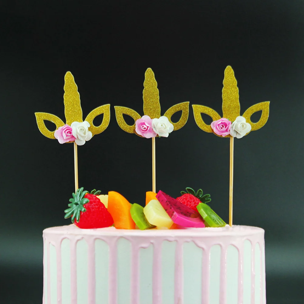 Golden Unicorn Flower Cupcake Toppers 10pcs Decoration Insert Creative Gift for Birthday Party