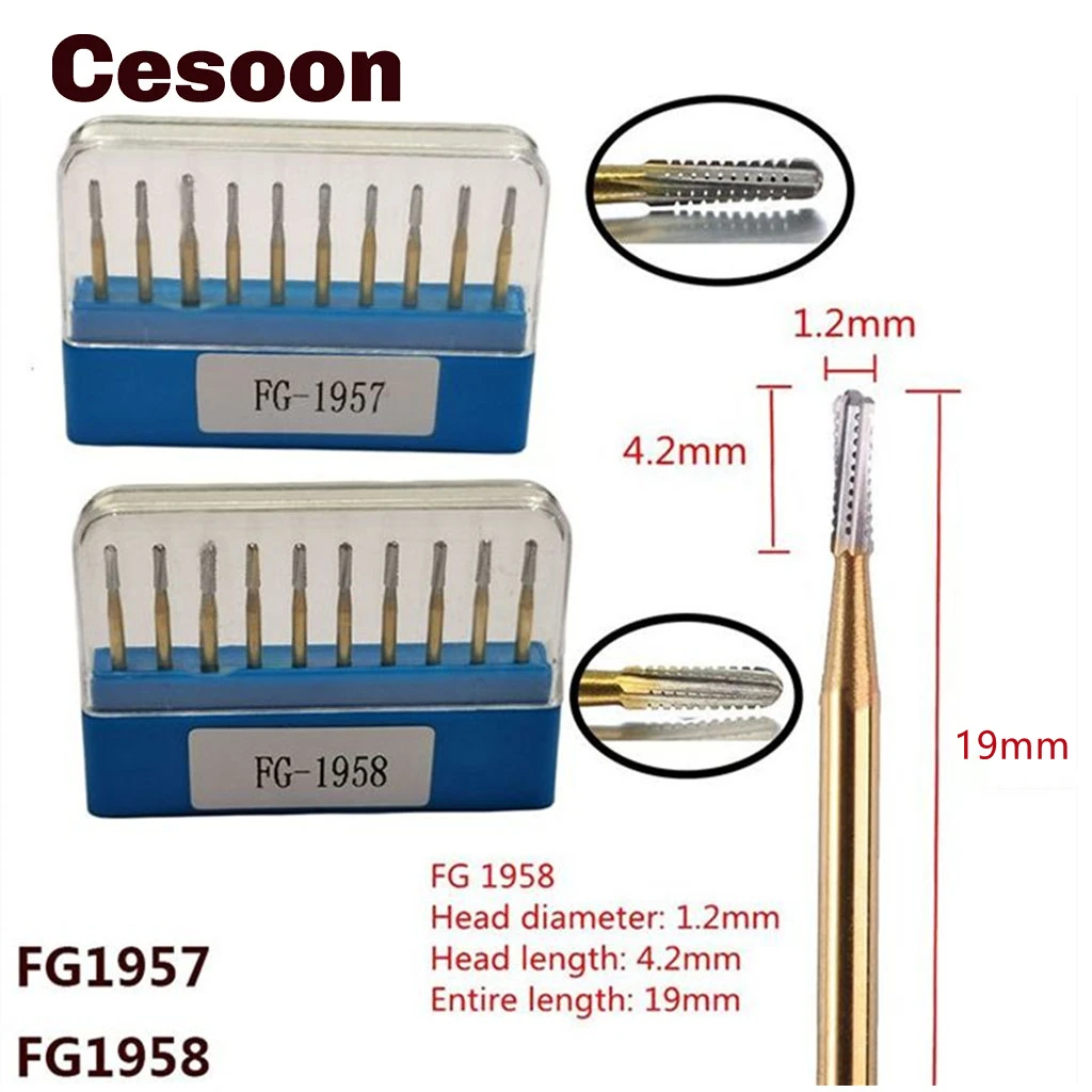 10Pcs/Box Dental Carbide Bur High Speed Tungsten Steel Crown Metal Cutting Burs FG1957/FG1958
