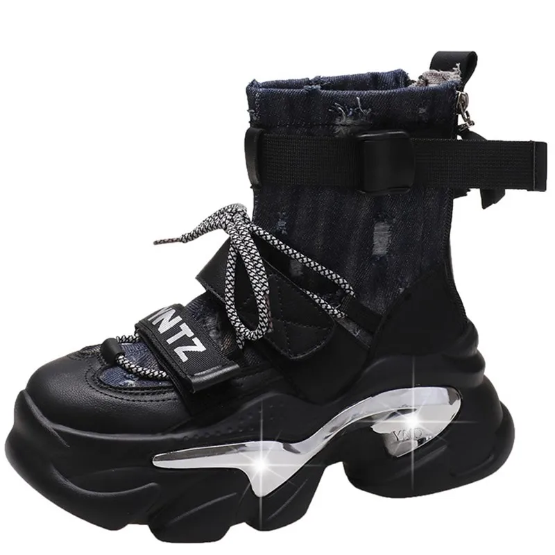 

Women Autumn Winter Canvas Ankle Boots 6CM Chunky Heels Motorcycle Boots Woman Thick Bottom High Platform Combat Short Booties
