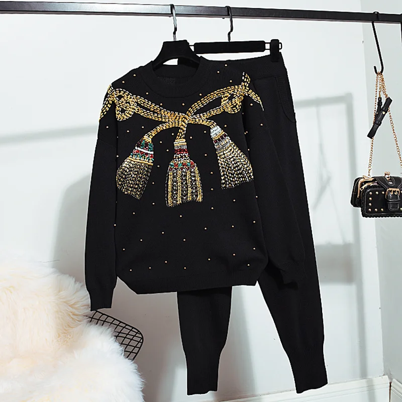 

Fashion Black Beading Sequins Knit Tracksuit Set Women Loose Casual Long Sleeve Pullover Sweater Pencil Pants Outfits Female 2pc