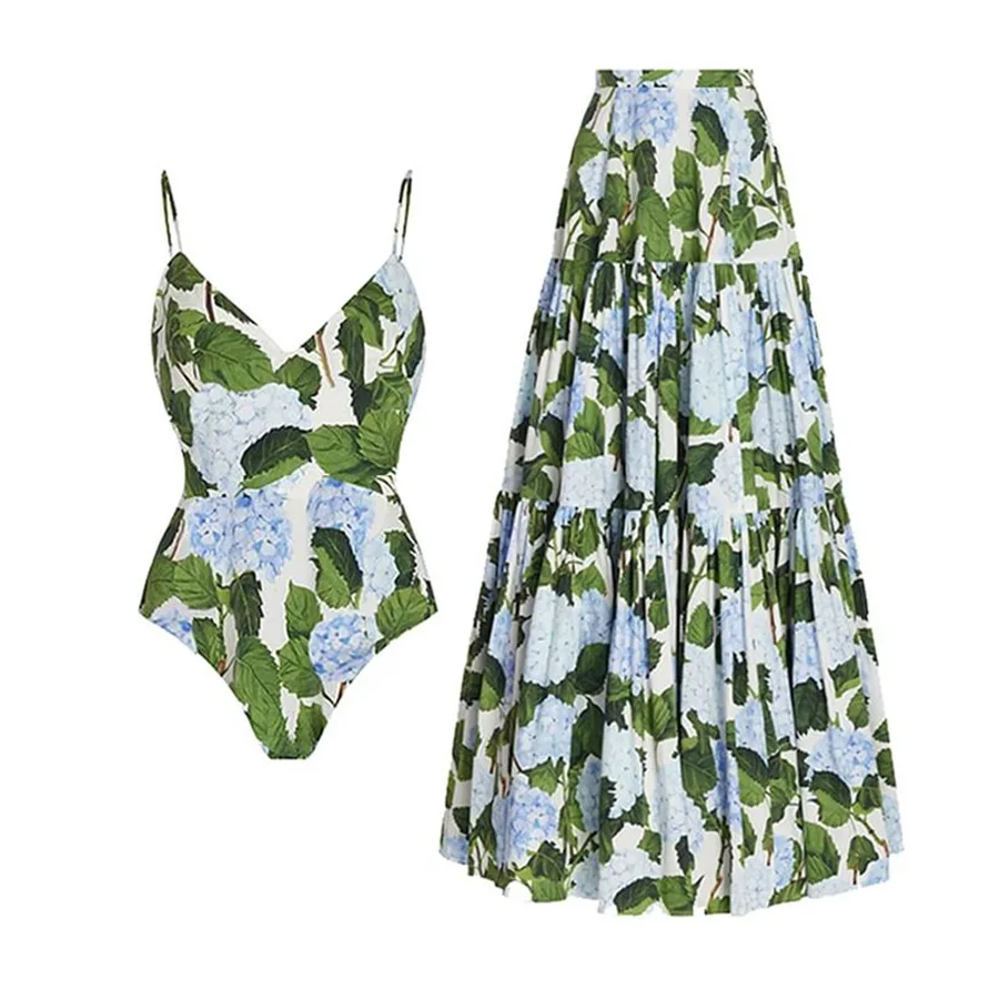 New Small Fresh Floral One Piece Swimsuit and Summer Dress Sexy Deep-v Lace Up Swimwear Summer Beachwear Retro Bikinis