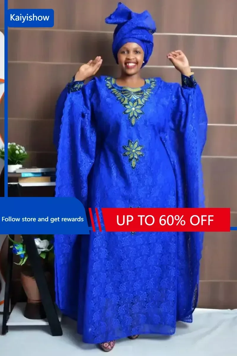 Lace Diamond African Dress for Women 2023 New Female Long Boubou Robe with Lining Africa Clothing Plus Size Women's Maxi Dresses