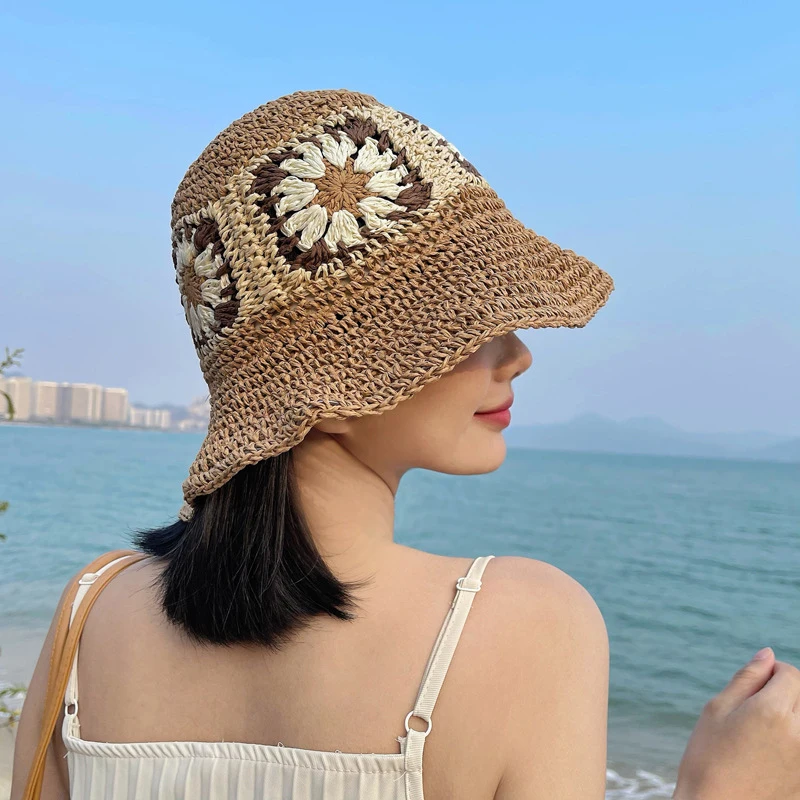 

3 Colors Large Brim Straw Fisherman Bucket Hat Sun Protection Sweet Women Summer Outing Seaside Vacation Travel Beach Cap