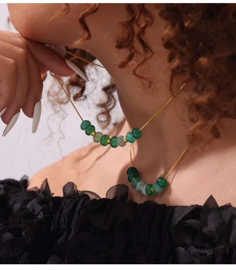 Natürlicher grüner Achat stein Perlen Anhänger Halskette Damen Edelstahl vergoldet dünne Kette Sommer wasserdichten Schmuck – Detail 4