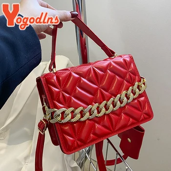 Yogodlns Minimalist Quilted Flap Square Bag For Women PU Leather Small Shoulder Bag Thick Chains Crossbody