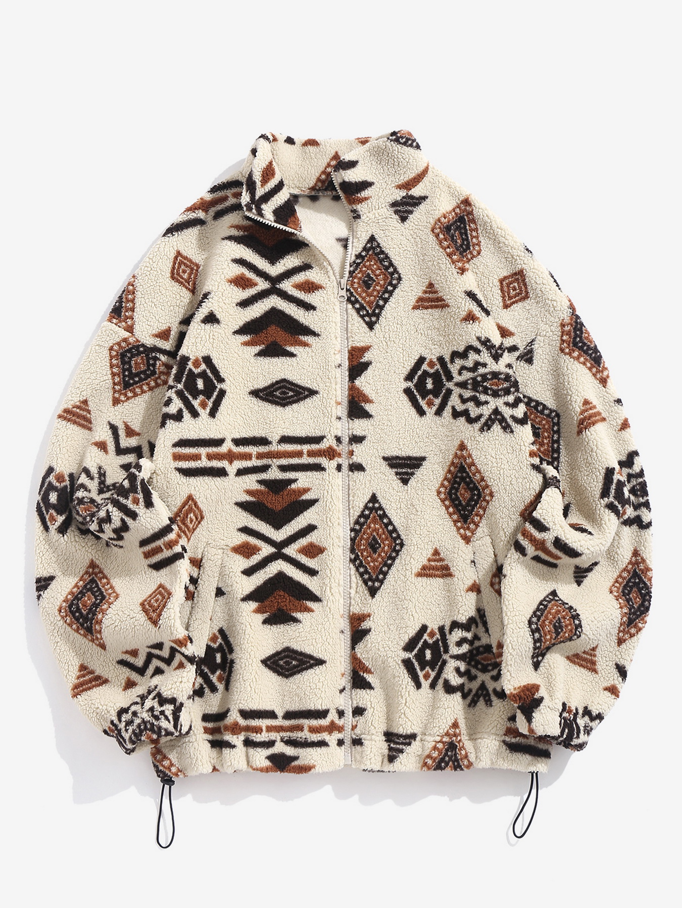 ZAFUL Women's Ethnic Geometric Print Faux Fur Toggle Drawstring Hem Zip Up Drop Shoulder Stand Collar Coat New in coats 2024