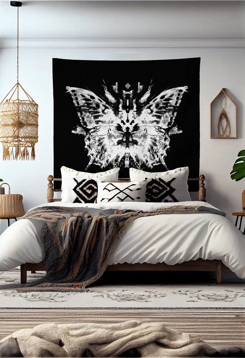 Butterfly Inkblot Tapestry Wall Hanging Black And White Meditation Grunge Hippie
