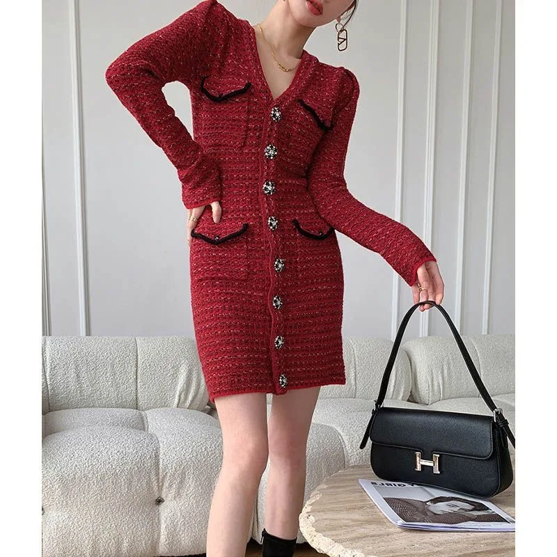 Early Autumn French Knitted V-neck Red Dress Women's Wear