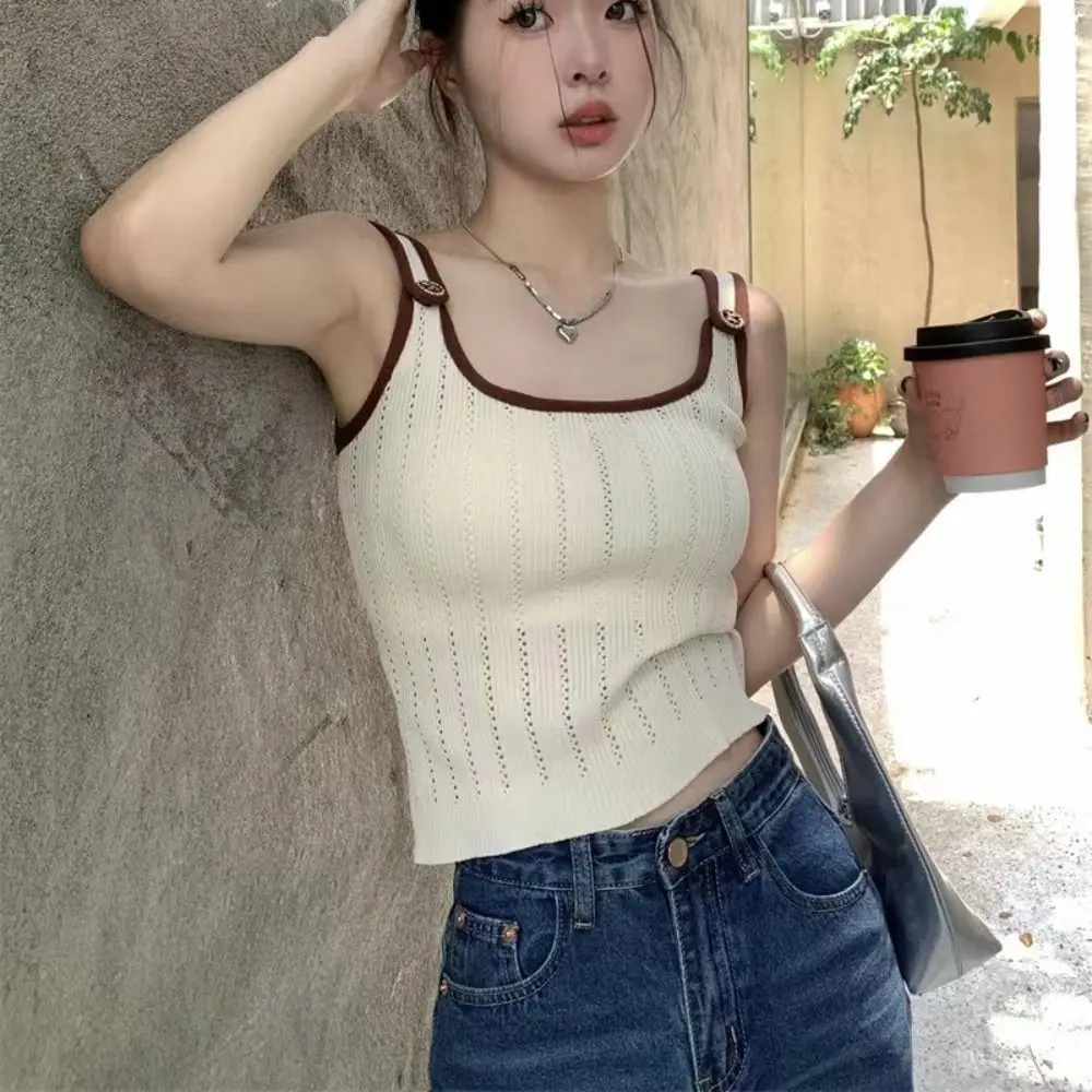 

Женские трикотажные майки со вставками, новинка, повседневный пикантный Топ без рукавов с квадратным вырезом, летняя мягкая Облегающая майка на бретельках