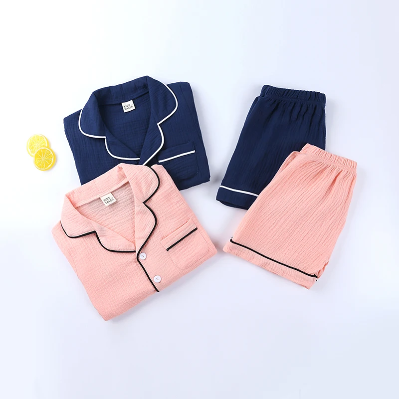 Cotton Pajamas Set Kids Pajama Sets for Boys Girls 3-8T pure color cotton linen Outfits Set Short Sleeve Blouse Tops+Shorts Sleepwear Pajamas Soft