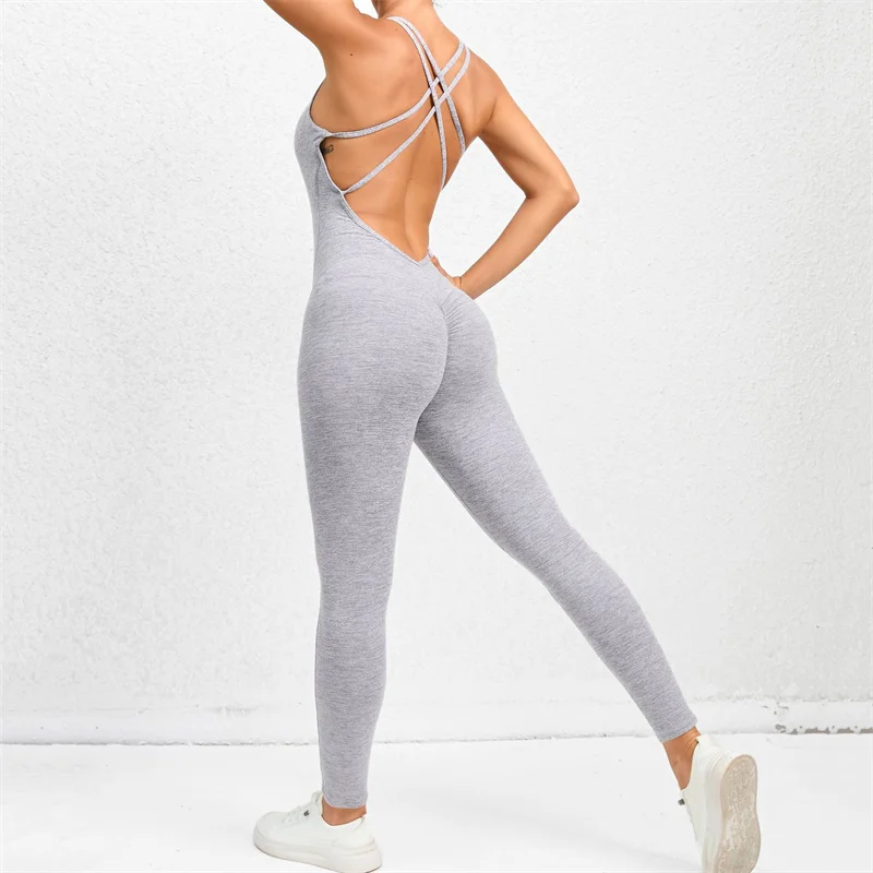 SVEIC Yoga Backless Jumpsuit Fitness Catsuit Bodysuit Sportswear Scrunch Booty Leggings Workout Sexy One Piece Sets Gym Clothing