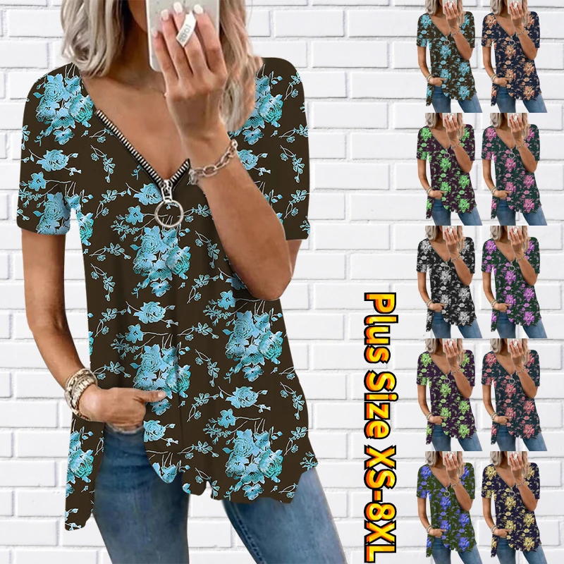 

2023 Summer Women's Zipper Short Sleeve Daily Street V-neck T-shirt New Casual Pullover Fashion New Design Printed Top XS-8XL