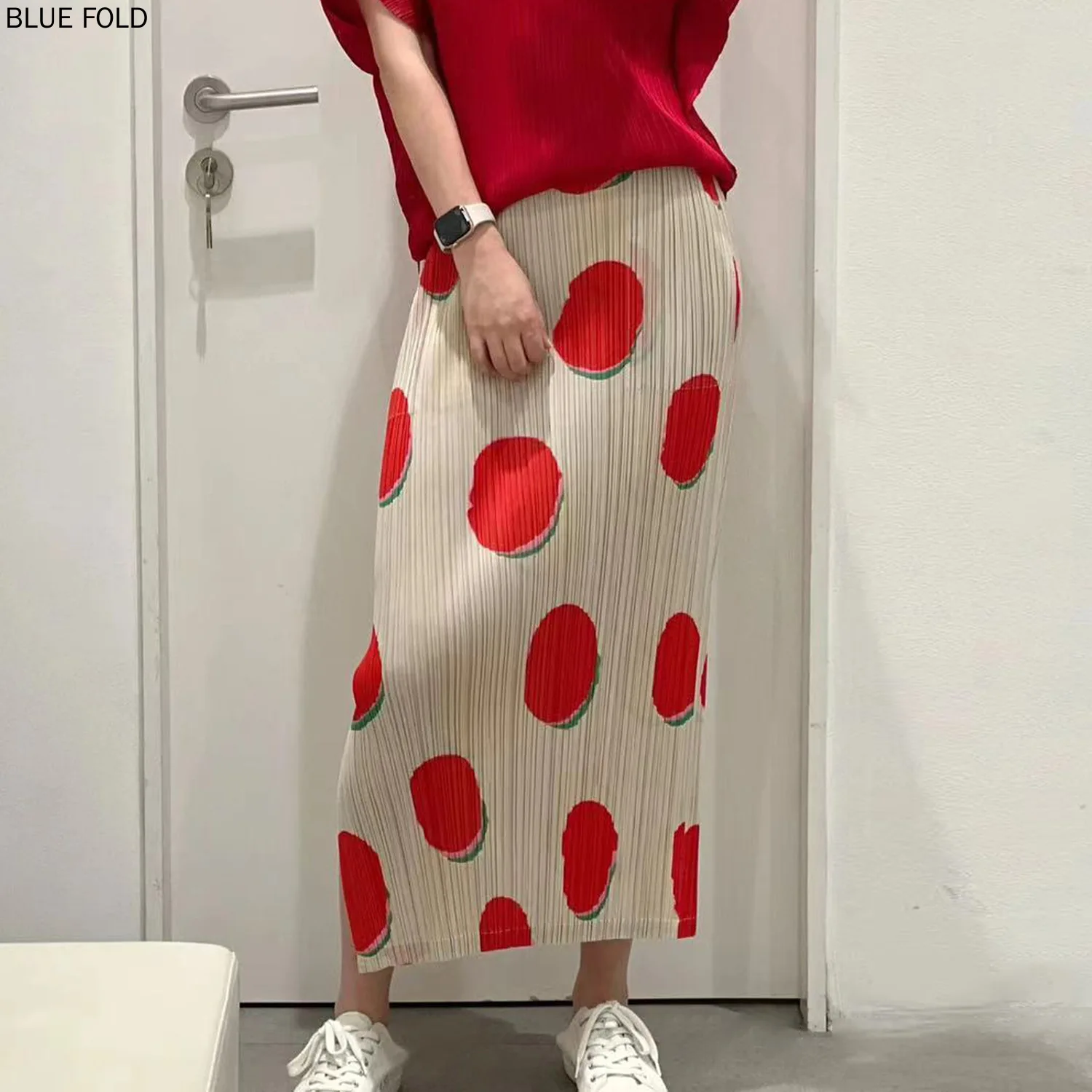 

Fudou Series Pleated Slimming Slit Skirt Miyake New Straight Skirt Temperament Mid-length Printed Hip Skirt PLEATS Faldas Largas