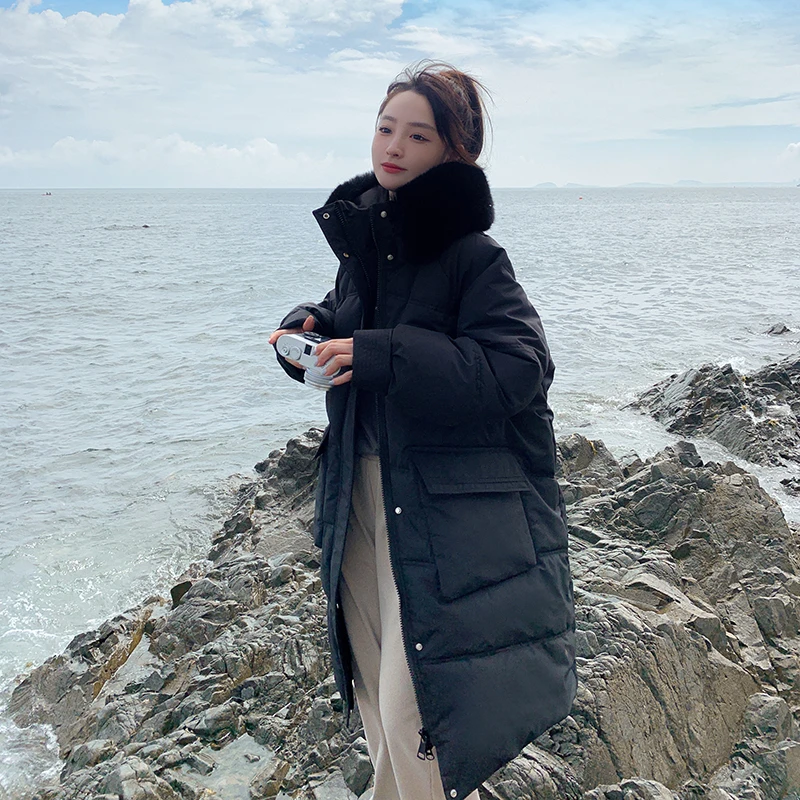 Winter Fashionable Cotton-padded Down Jacket Warm Long Sleeve Loose Fuzzy Fur Collar Pregnant Woman Coats With Large Pockets