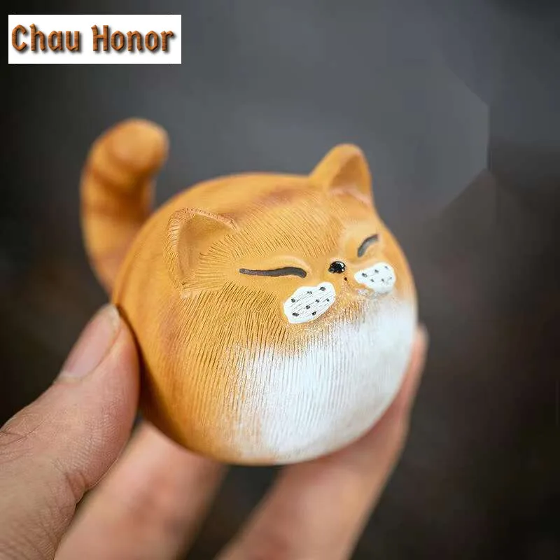 Yixing Purple Clay Tea Pet Handmade Orange Cat Statue Ornaments Tea Figurine Chinese Tiger Zisha Sculpture Tea Set Decoration
