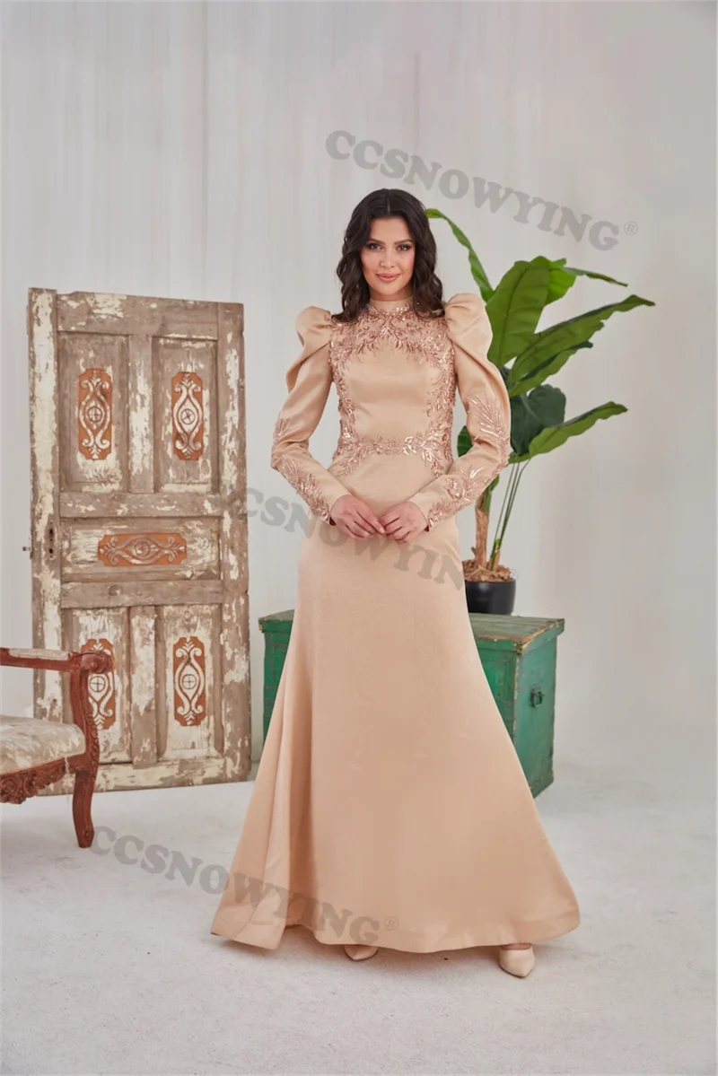 

Appliques Long Sleeve Muslim Evening Dress Stain High Neck Islamic Prom Formal Party Gown Women Arabic Dubai Robes De Soirée