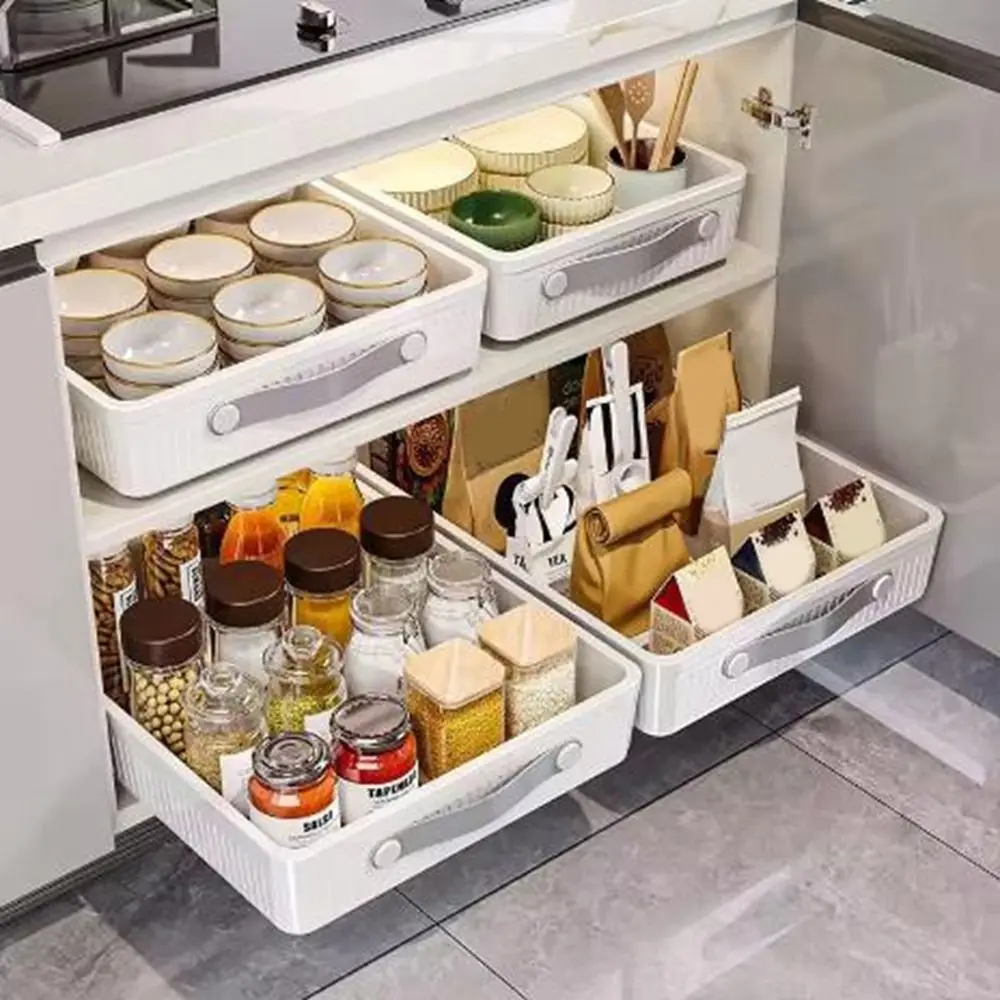 Plastic Kitchen Drawer Storage Rack Non Punched Large Capacity Spice Jars Storage Rack with Handle Anti-slip